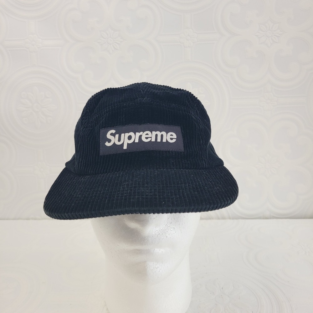 VINTAGE Supreme Hat Camp Cap Strap Back‎ Black Panel Corduroy USA Mens 90s